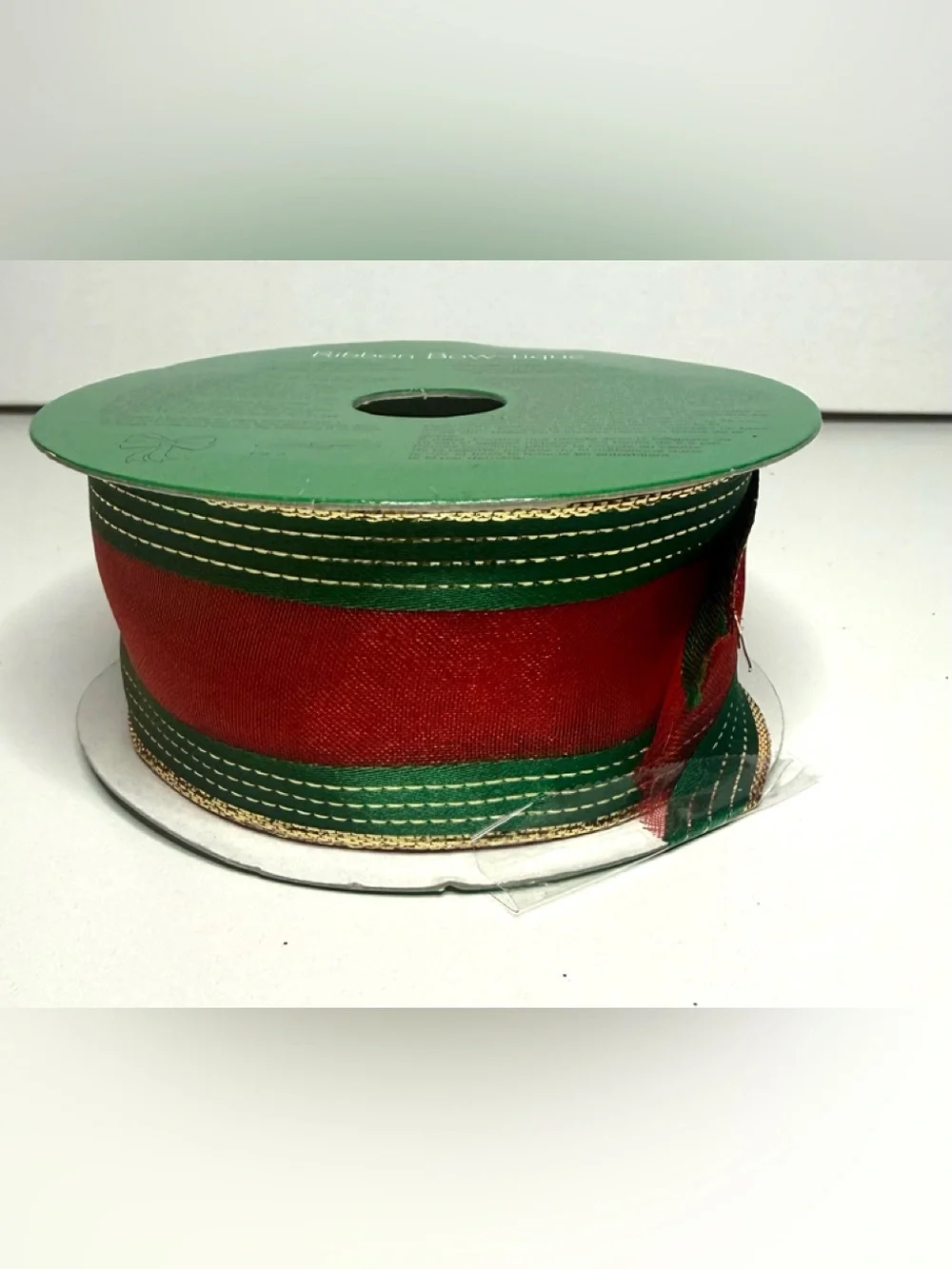 Mega Roll Narrows Wired Edge Ribbon - Green & Red with Gold Trim